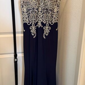Xscape Strapless Navy Dress with Silver Detailing